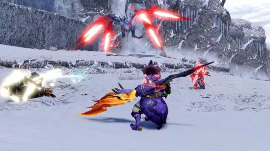 A group of hunters face off against a crimson glow valstrax in Monster Hunter Rise.
