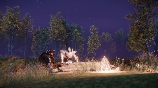 Two characters sitting around a campfire in New World