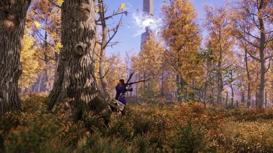 A character chopping down a tree in a forest in New World