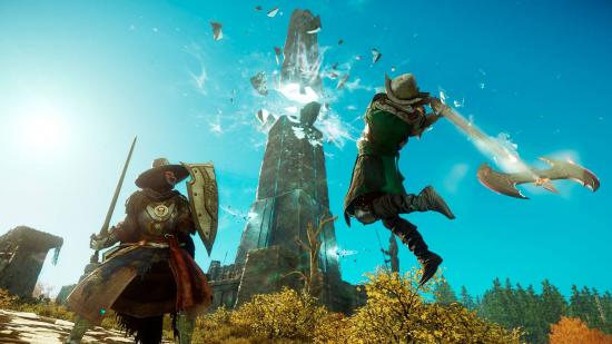 A character mid-air holding a giant axe, another character defending with a sword and shield in New World