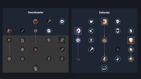 The sword skills and perks selected for the New World war hammer PvE build