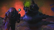 A No Man's Sky players runs away from a Titan Worm in Emergence