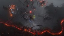 A player runs through a demon-haunted, apocalyptic area in Path of Exile: Scourge.