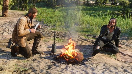 Two Red Dead Redemption 2 characters sit by a fire after using a companion mod