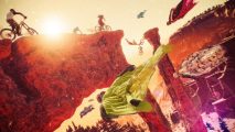 Bikers and wingsuiters speed across a canyon into the sunset in Riders Republic.