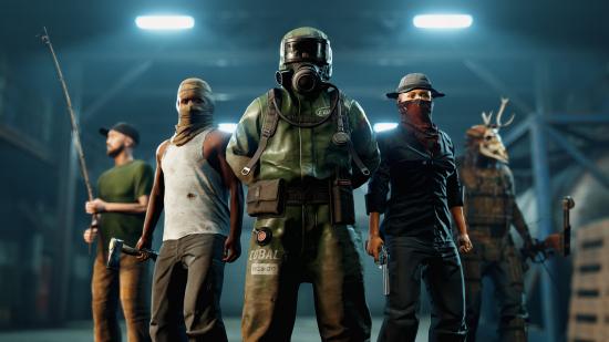 A group of Rust characters stand in a warehouse