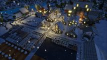 Snow falls during the night in a charming rural town in Settlement Survival.