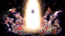 A pixel art knight gets raised in a column of light in Metroidvania, Souldiers