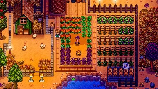 A Stardew Valley player on a farm stuffed with food