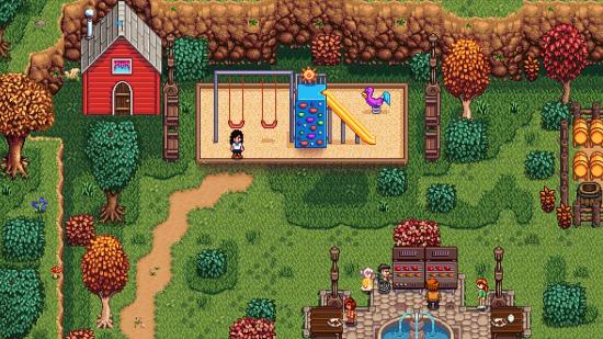 A child hangs out in a modded school in Stardew Valley