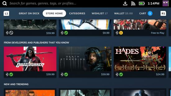 The Steam store on Steam Deck, showing compatibility badges for each game on the portable machine