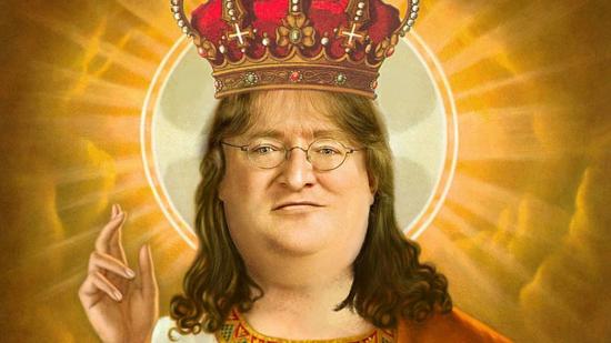 A meme of Valve's Gabe Newell's face photoshopped on top of a portrait of Jesus, wearing a crown