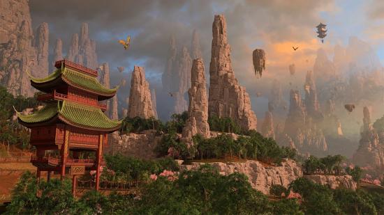 A red pagoda-style watchtower is set against a rocky butte in Grand Cathay in Total War: Warhammer III