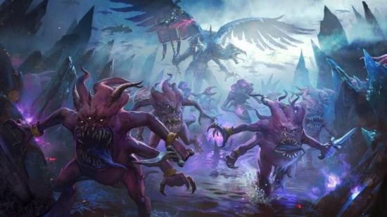 Tzeentch's pink horrors charge forward ahead of Kairos Fateweaver in a piece of promotioanl artwork for Total War: Warhammer 3.