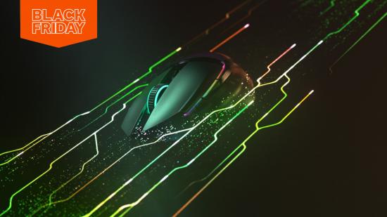 A render of the Razer Basilisk Ultimate wireless gaming mouse, surrounded by streams of RGB lighting