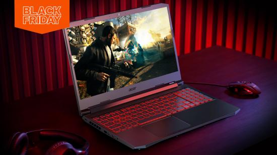 The RTX 3070-powered Acer Nitro 5 gaming laptop sits on a desk and plays a game