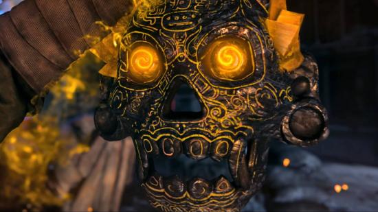 A glowing gold skull with spiral eyes is one of the Vanguard Zombies artifacts.