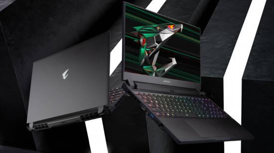 Gigabyte gaming laptop from front and back with grey rendered backdrop
