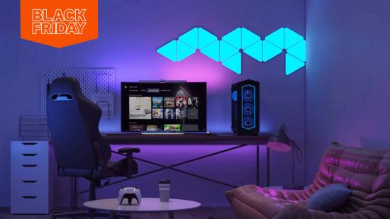 Yeelight Smart LED panels shine blue on the wall behind a gaming PC