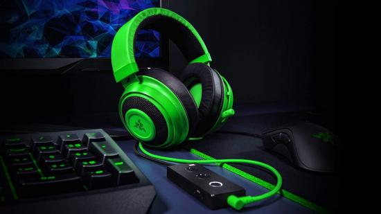 green Razer Kraken headset sitting on desk