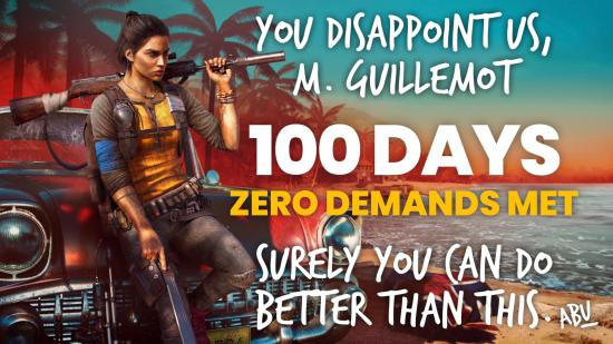 A piece of art from Far Cry 6, with the message "you disappoint us, M. Guillemot. 100 days, zero demands met. Surely you can do better than this. - ABU"