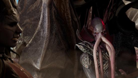 A mindflayer eyes another character in Baldur's Gate 3