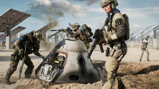 Soldiers examine a bit of space capsule tech in what is definitely not a metaphor for Battlefield 2042 server issues