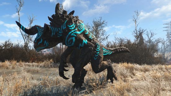 Best Fallout 4 mods: A tame Deathclaw charging through the Wasteland, accessorized with electric blue body paint