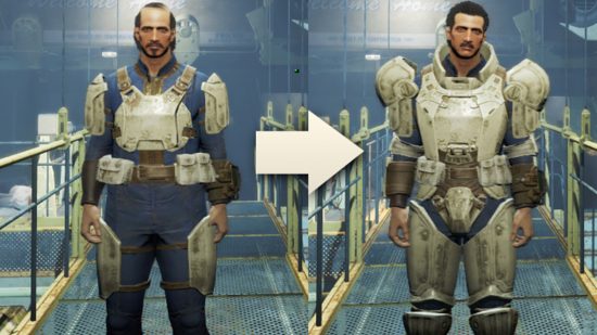 Лучшие моды Fallout 4: сравнение стандартной брони и брони, настраиваемой с помощью мода Craftable Armor Size, предлагающей гораздо большую защиту, чем пластинчатая броня в базовой игре.