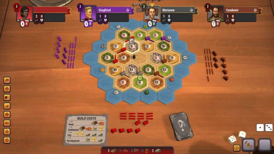 أفضل ألعاب الطاولة عبر الإنترنت - خريطة Catan Universe ، تُظهر اللاعبين في جزيرة تتنافس على الإقليم