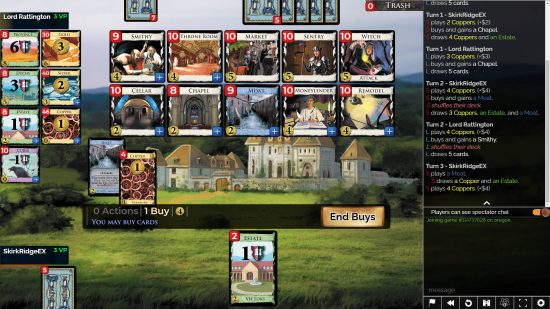Best online board games - a selection of all the buyable buildings for a game of Dominion. The player's hand has a few copper, which they are using to buy a card to put in their deck.
