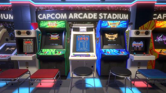 A lineup of arcade machines in Capcom Arcade Stadium