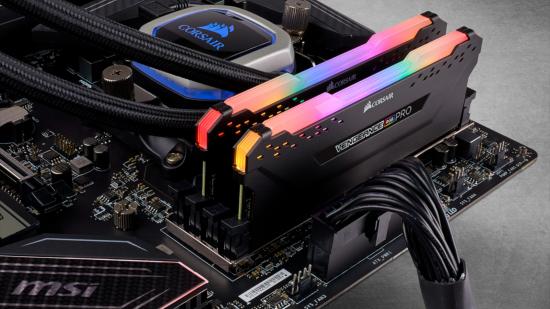 Corsair Vengeance RGB Pro RAM inserted into an MSI motherboard, with a Corsair AIO water cooler