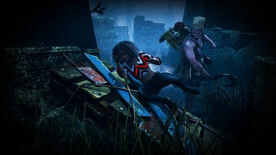 A Dead By Daylight player is chased through the dark
