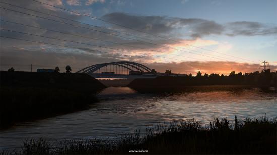 A Russian river at sunset in Euro Truck Simulator 2