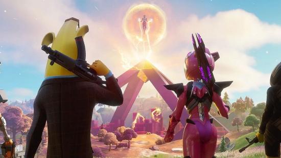 Fortnite players in brightly coloured suits and a Bananaman outfit look upon a figure crackling with orange energy spilling from the top of a crystal suspended within a pink pyramid frame