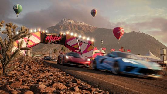 A screenshot from Forza Horizon 5 featuring a red car behind a blurred blue car