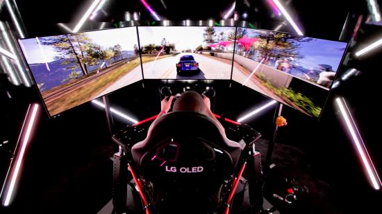 A person playing Forza Horizon 5 on a triple monitor display setup comprised of LG OLEDs, whiel sat in a racing chair and using a steering wheel