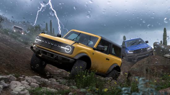 A group of cars go off-roading in Forza Horizon 5