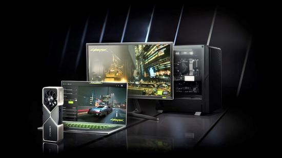 Nvidia RTX 3090 card in front of laptop, monitor, and computer case