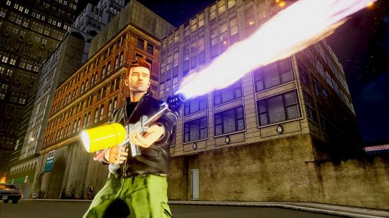 Grand Theft Auto 3's main character using a flamethrower in the GTA: Trilogy remaster