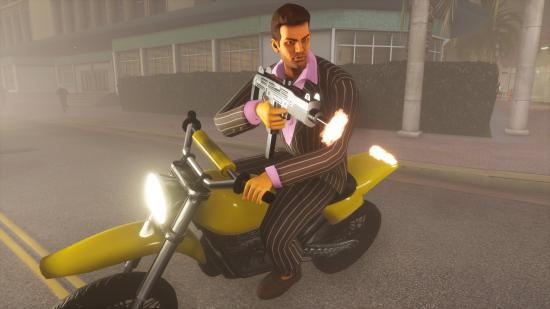 GTA: Vice City protagonist Tommy Vercetti firing an uzi sub machine gun atop a yellow bike