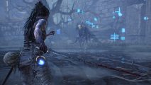 A screenshot from Hellblade: Senua's Sacrifice, in which protagonist Senua faces off against a feathered opponent
