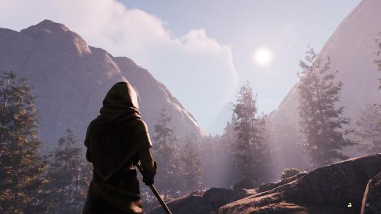 A screenshot from Icarus, featuring a player character looking out to the sunlit horizon