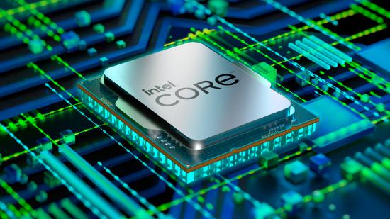 A 3D render of Intel's Core 12th generation processors against a green-blue background