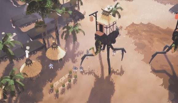 Villagers near a long-legged creature with a building on its back in Kainga: Seeds of Civilization