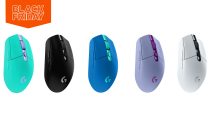Five Logitech G305 Lightspeed wireless gaming mice, they are all different colours. Mint, black, blue, lilac and white.
