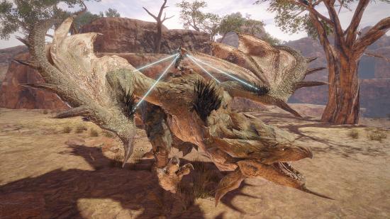 A screenshot from Monster Hunter Rise, in which a player character mounts a dragon-type monster and attempts to restrain it
