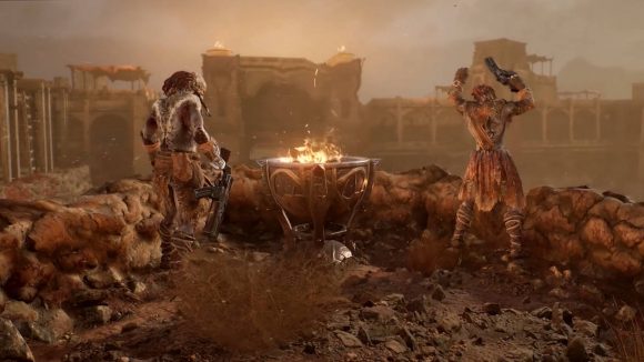 Two bandits standing next to a brazier that's lit in a ruined city above the Wellspring in Outriders New Horizon. There is a sandstorm.