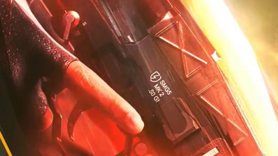 A teaser image for Rainbow Six Siege: High Calibre, featuring a gun marked 'SMG5 MK 2 .50 GI'